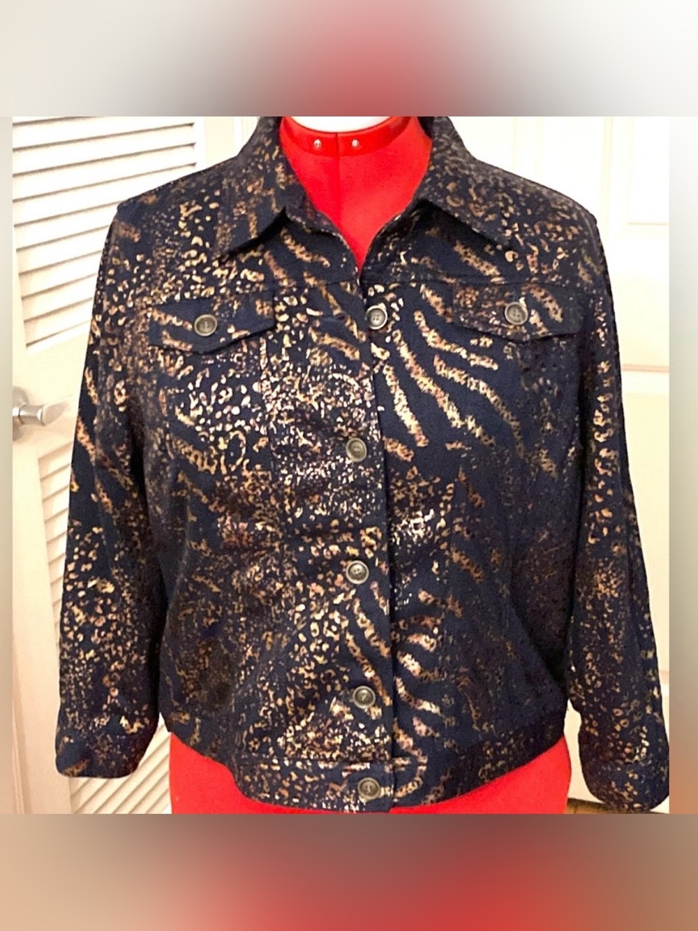 Ruby Rd Women's Jacket Blue & Metallic Gold Splatter Animal Stretch Size 16P